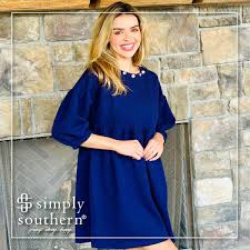 Simply Southern Blue A-line Mini Dress with Bishop Sleeves